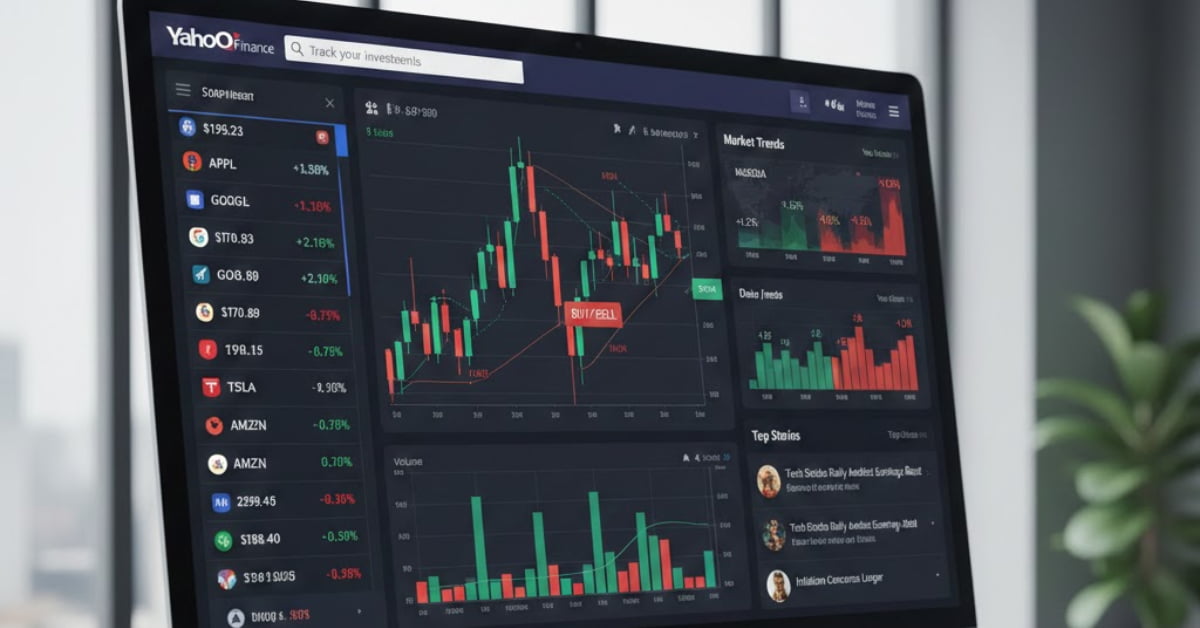 "Yahoo Finance interface showing stock prices, interactive charts, and market trends, illustrating tools for tracking investments and financial data."