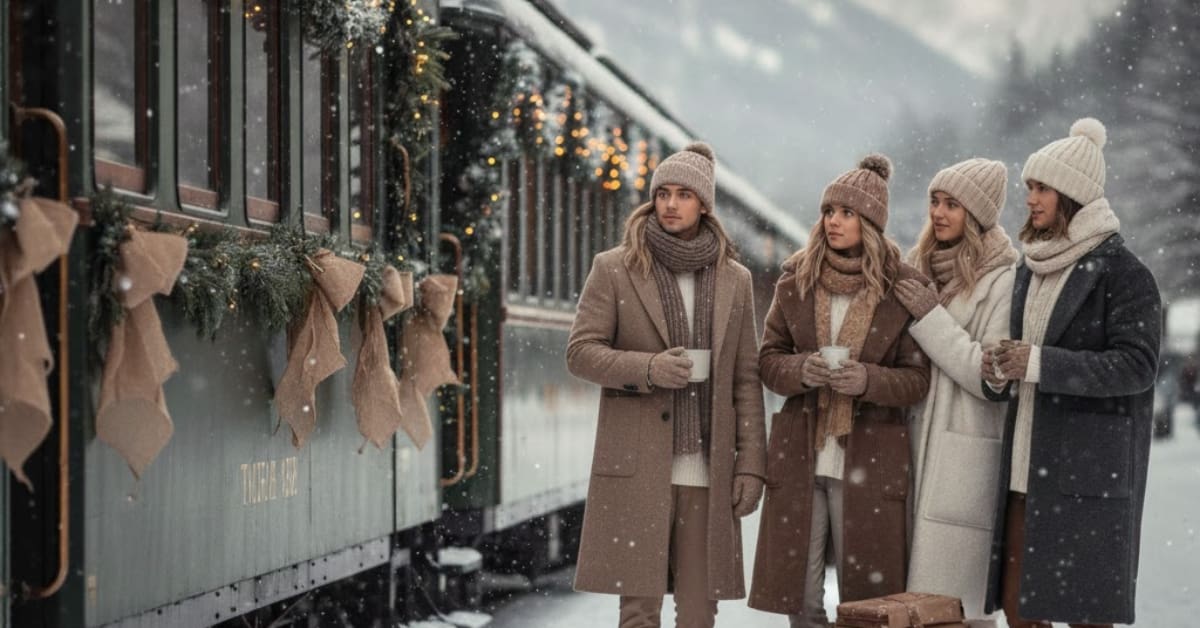 "Travelers in cozy winter outfits standing near a festive train, wearing neutral-colored coats and scarves, capturing a stylish and cozy winter fashion aesthetic"