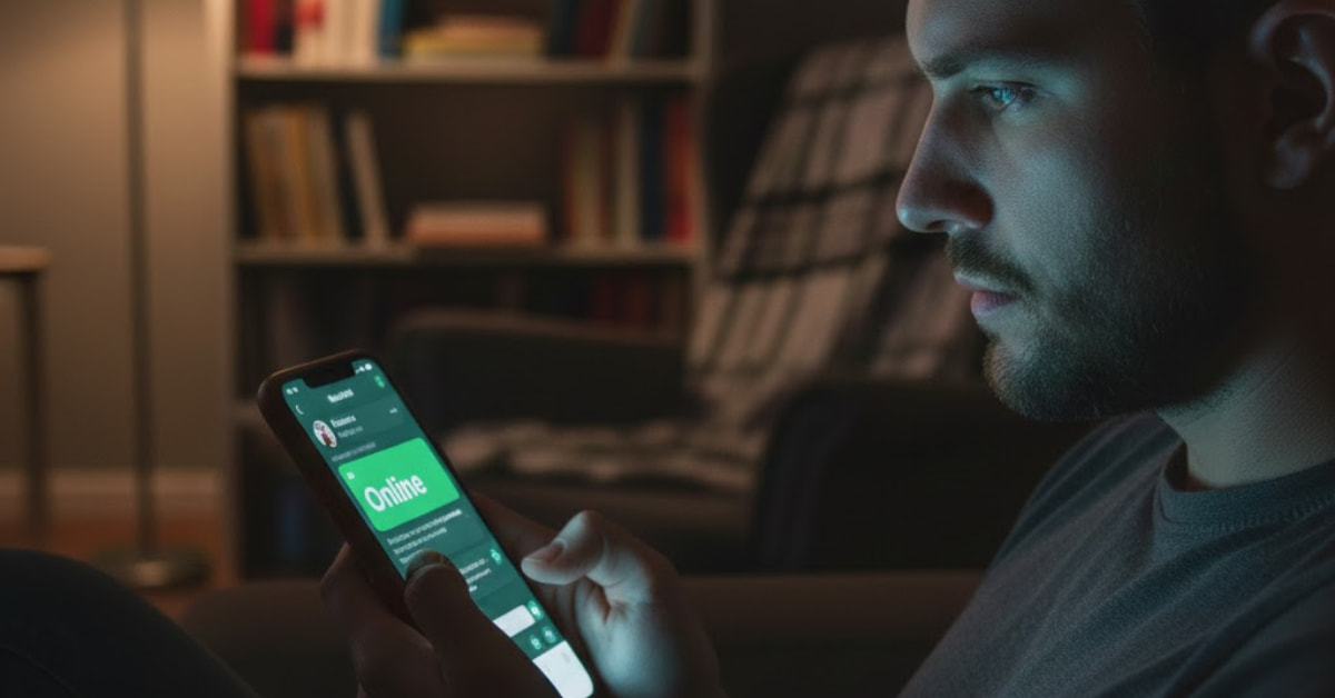 "Person looking at a phone screen displaying a WhatsApp chat with the status 'Online' visible."