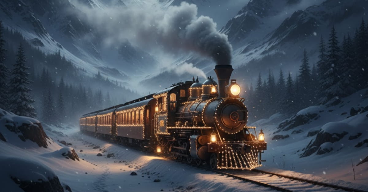 "Wide cinematic view of a glowing train traveling through snow-covered mountains at night, creating an emotional and magical winter travel scene"