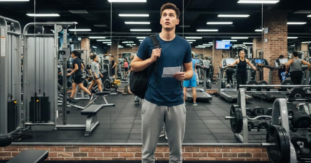 A beginner at the gym looking overwhelmed, standing near the workout area and glancing at the posted class schedule at Wolverson Fitness, capturing a sense of uncertainty and hesitation