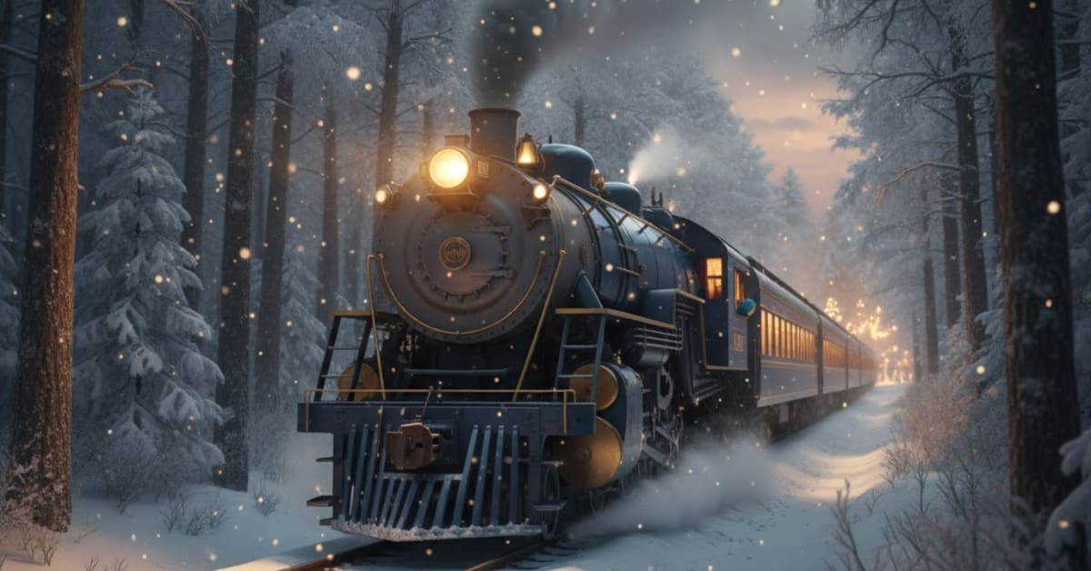 "A magical Polar Express train gliding through a snow-covered forest at dusk, warm glowing lights illuminating the scene, cinematic winter atmosphere, cozy holiday mood, ultra-realistic, Pinterest-style aesthetic"