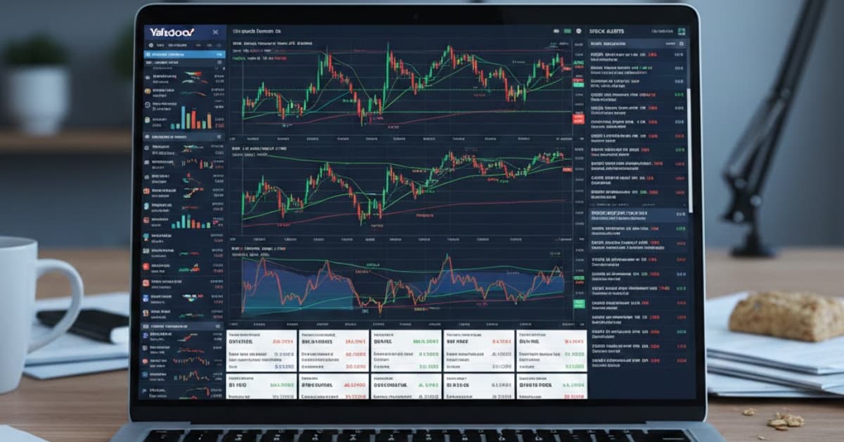 "Laptop displaying a busy Yahoo Finance dashboard with multiple stock charts, price alerts, and data panels, illustrating a cluttered and information-heavy interface."