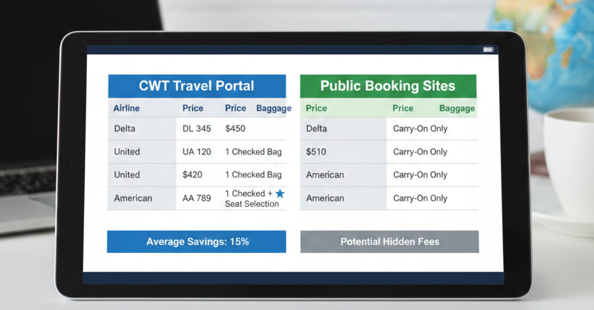 Table comparing flight availability, seat choices, and pricing in CWT Travel portal versus a general booking website