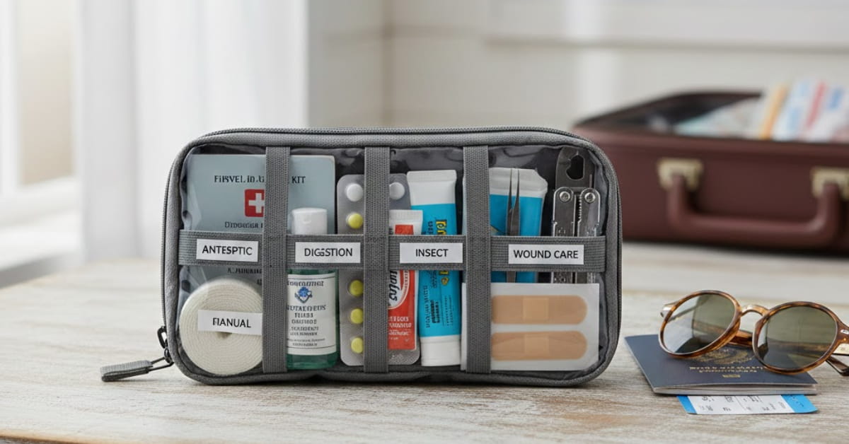 A small, organized travel health kit on a table