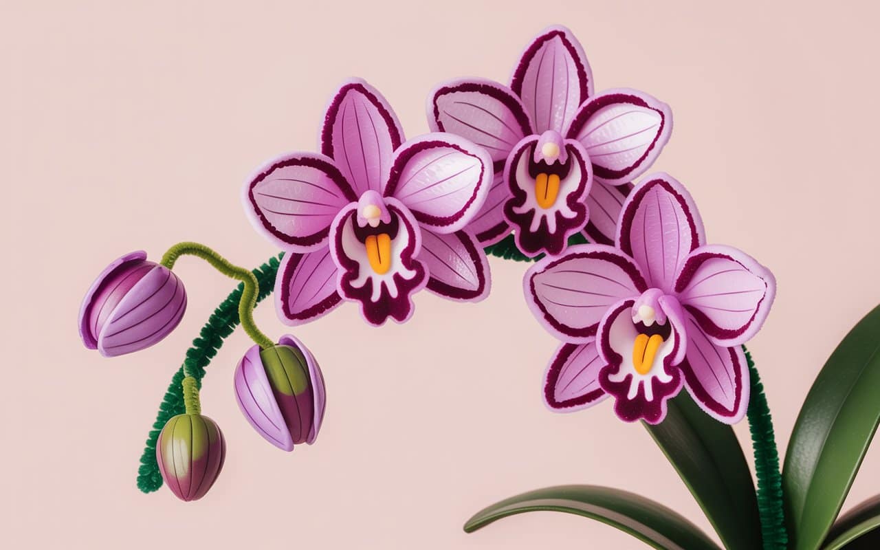 “Elegant pink and purple pipe cleaner orchids with green stems, delicate petals and realistic handmade texture, soft pastel background, sophisticated DIY craft for Pinterest home decor or gift ideas.”