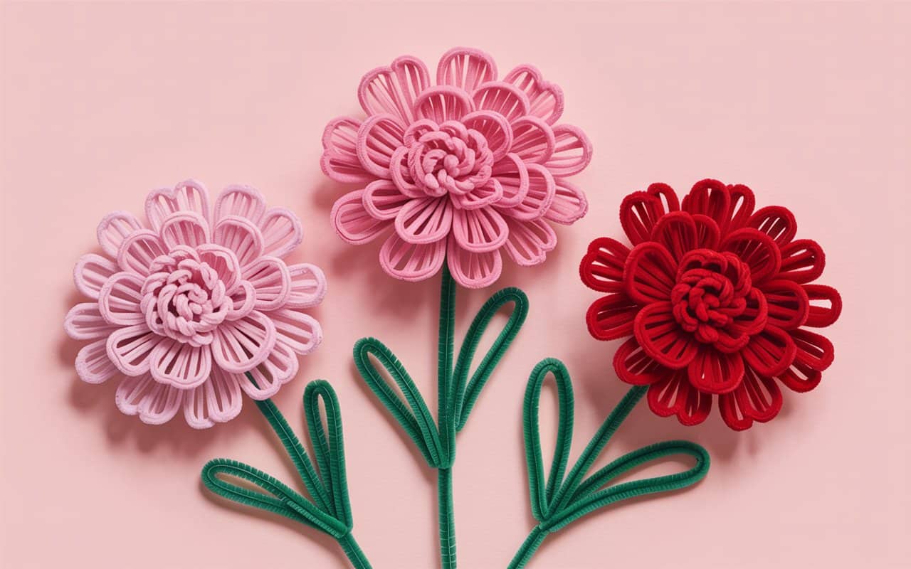 Pink and red pipe cleaner carnations with ruffled layered petals, green stems, playful arrangement on a pastel background, handmade DIY floral craft for Pinterest kids and adult crafting boards.”