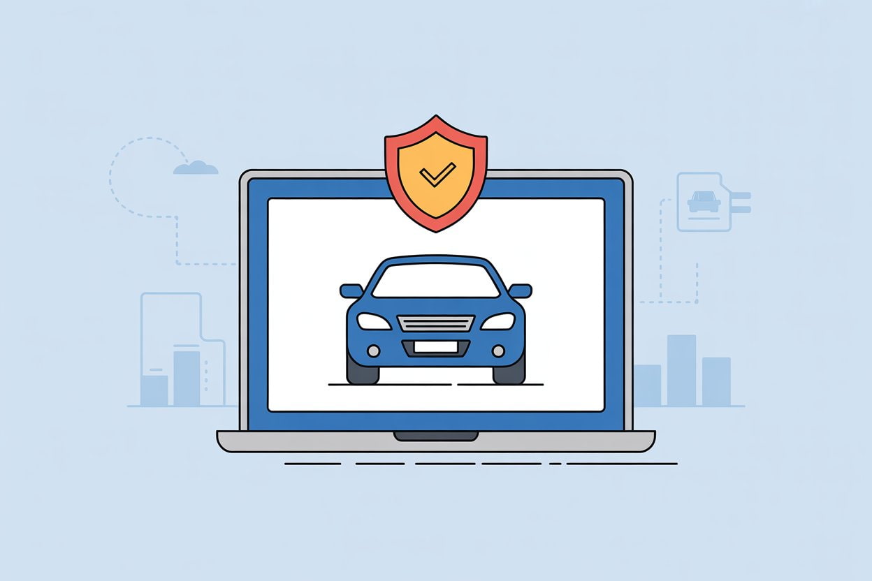 Shield icon with a car and laptop in the background, representing secure online auto loans.”