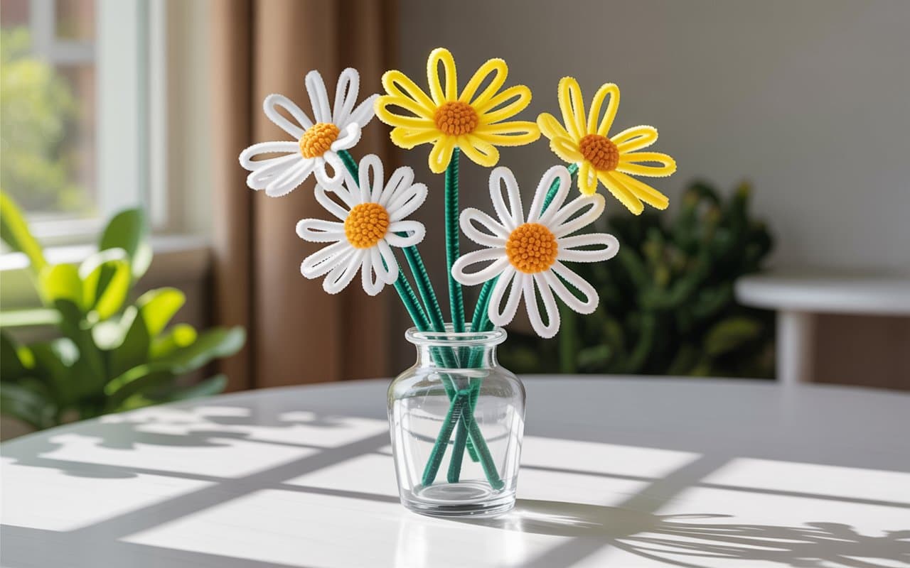“White and yellow pipe cleaner daisies in a small clear vase, arranged neatly, vibrant and playful, kid-friendly craft project, soft sunlight, Pinterest-ready colorful DIY floral arrangement.”