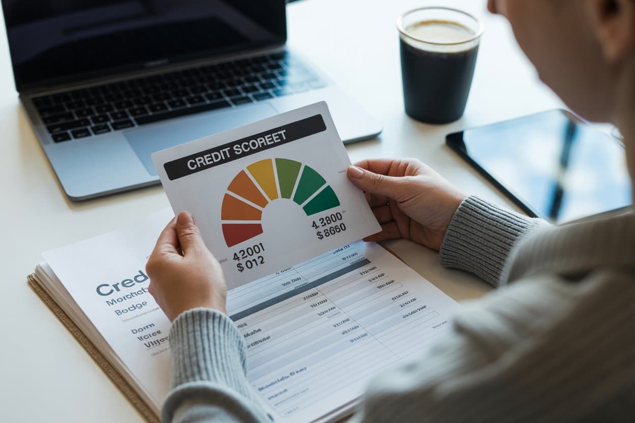 “Close-up of person reviewing credit score and monthly budget on a desk with coffee and a laptop.”