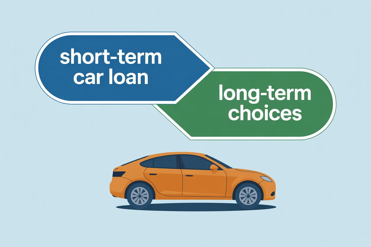 Graphic showing flexible car loan options with arrows pointing to short-term and long-term choices.”