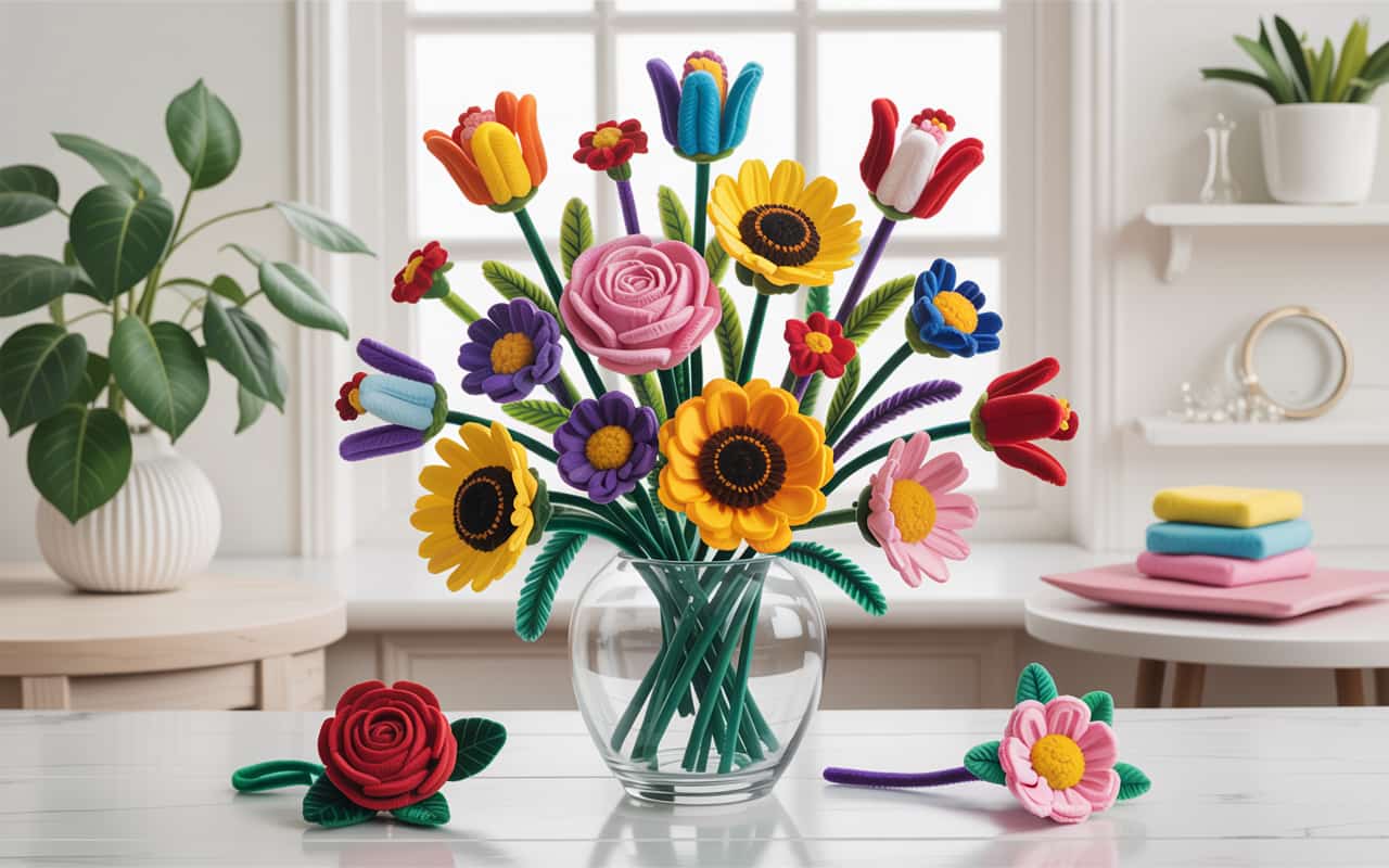 Vibrant mixed pipe cleaner flower bouquet including roses, daisies, tulips, sunflowers, and carnations, arranged in a clear vase, bright cheerful setup, natural lighting, Pinterest-ready colorful DIY craft aesthetic.”