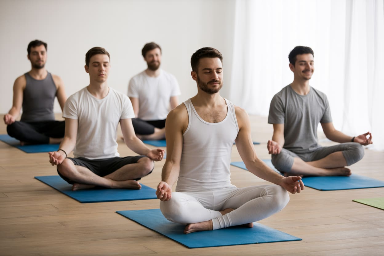 Group yoga and meditation session, calm and bright atmosphere, people relaxed and smiling."