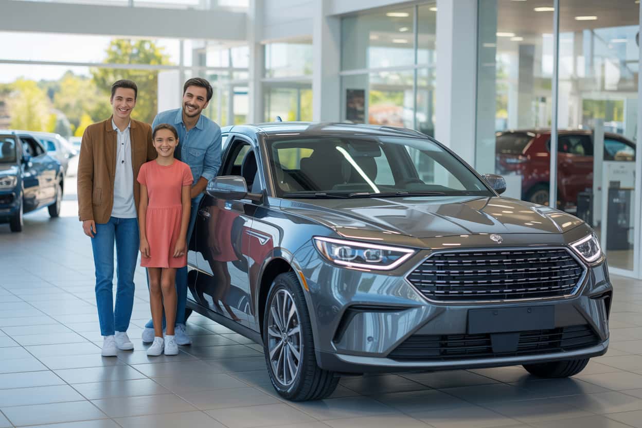 A shiny brand-new car with a smiling family standing next to it, dealership in the background.”