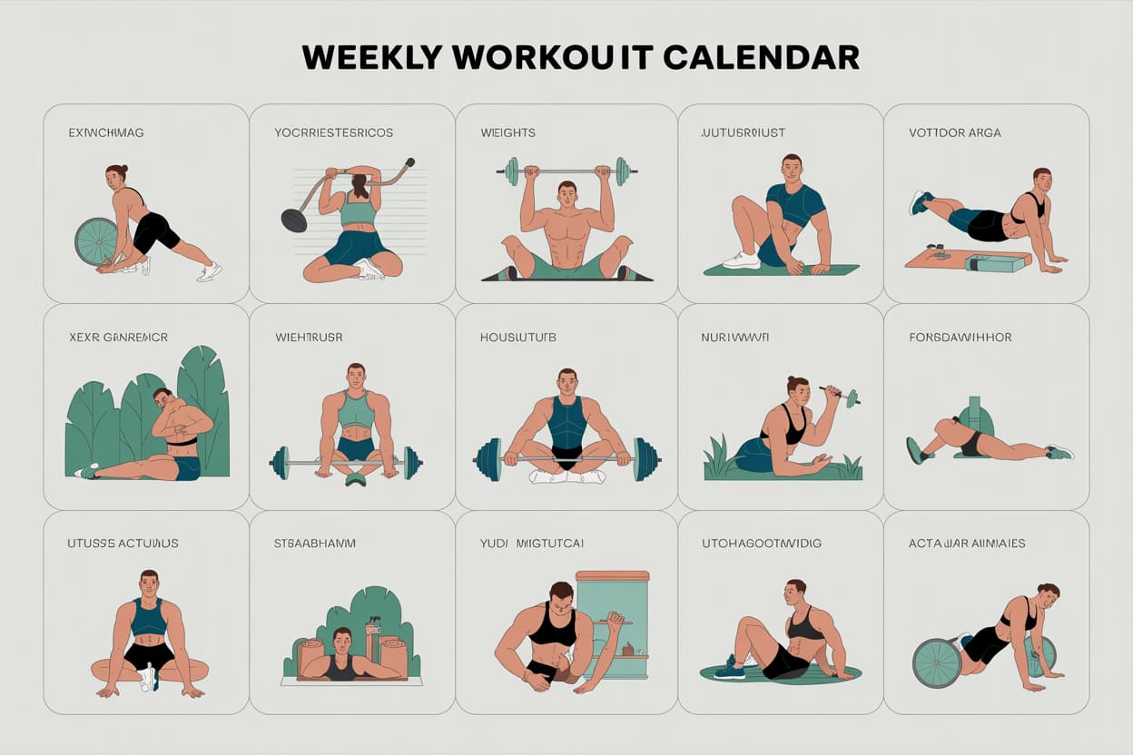 Weekly workout calendar with illustrated exercises, weights, yoga, and outdoor activities."